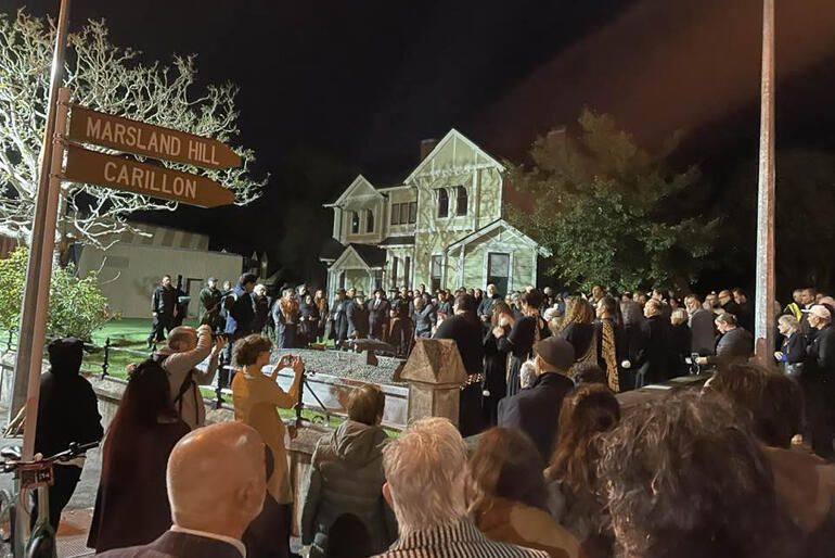 The crowd gathers before the Sir Paul Reeves Centre to bless the Waikato Warriors' Memorial. Photo: Ven Carole Hughes.