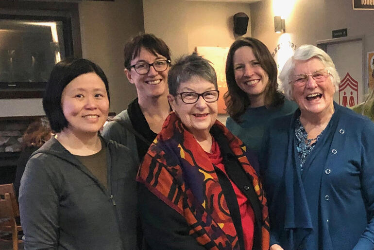 Contributors line up at the "Awhi Mai, Ahwi Atu" book launch in Wellington. L-R: Iris Lee, Anna Baird, Marie Preston, Amy Ross & Rosemary Biss.
