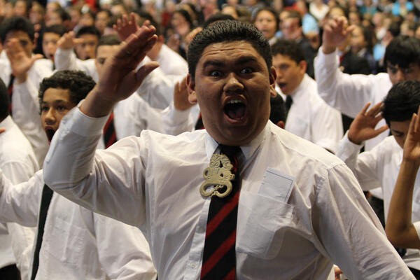 A member of the combined schools kapa haka party gives heart and soul to "Ka mate." A member of the combined schools kapa haka party gives heart and soul to "Ka mate."