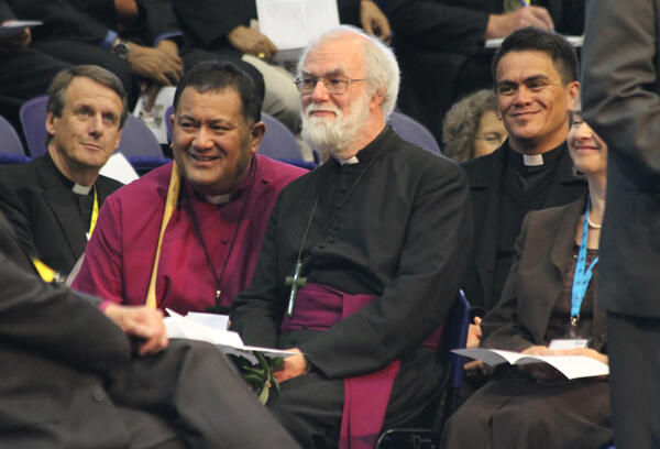 On the receiving end: (from left) Canon Kenneth Kearon, Bishop Kito Pikaahu, Dr Williams, and Rev Tony Brooking. On the receiving end: (from left) Canon Kenneth Kearon, Bishop Kito Pikaahu, Dr Williams, and Rev Tony Brooking.