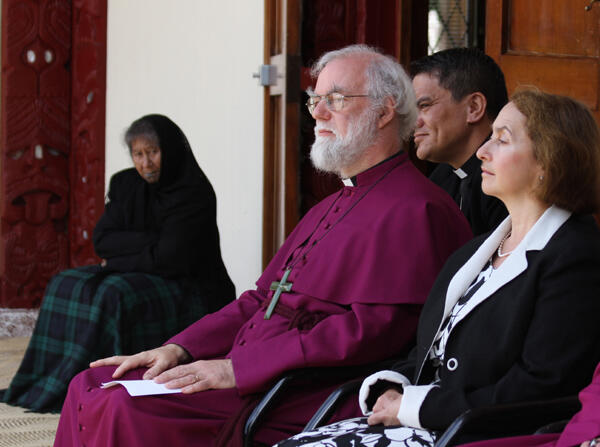 The Archbishop and his wife, Dr Jane Williams, listen intently to the oratory at Turangawaewae. The Archbishop and his wife, Dr Jane Williams, listen intently to the oratory at Turangawaewae.