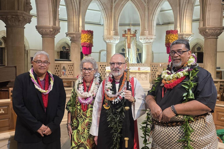 Archbishop Sione Ulu'ilakepa, Dr Jenny Te Paa Daniel, Bishop of Hawai'i Robert Fitzpatrick, Fe'iloakitau Kaho Tevi celebrate the new honorary canons.