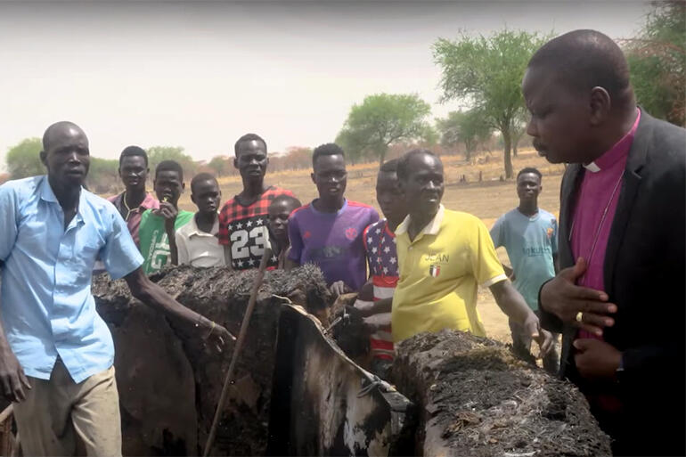 Archbishop of South Sudan Most Rev Justin Badi Arama speaks with people facing loss of livelihoods and food insecurity due to the Covid-19 pandemic.