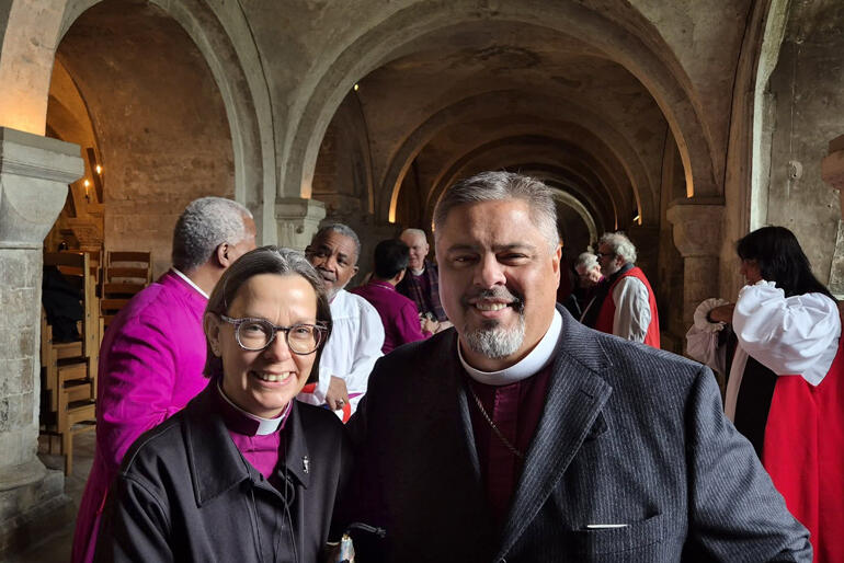 Archbishop Don Tamihere catches up with former Bishop of Waikato, now Bishop of Newcastle Rt Rev Helen-Ann Hartley.