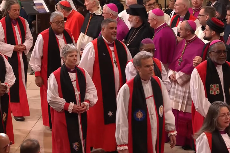 Archbishops Justin Duckworth, Sione Ulu'ilakepa and Don Tamihere process into Canterbury Cathedral.