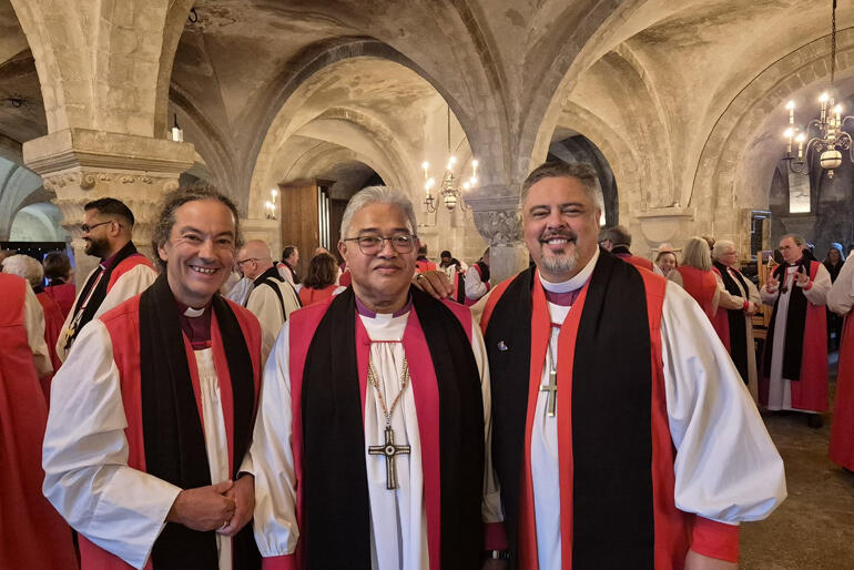 L-R: Archbishop Justin Duckworth, Archbishop Sione Ulu'ilakepa and Archbishop Don Tamihere line up in the crypt of Canterbury Cathedral.