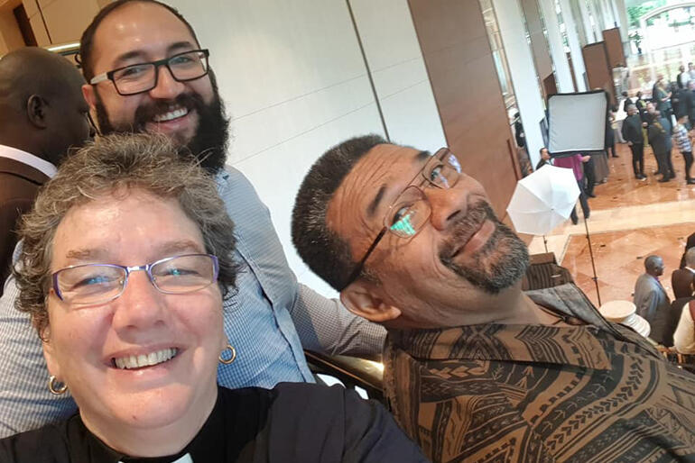 Our three-Tikanga delegates pause for a team selfie during ACC17- Clockwise from top: Ihaka Beach, Fe'i Tevi and Ven. Wendy Scott.