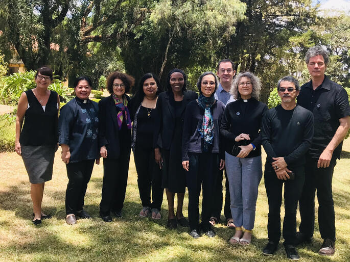 IAWN theological working group L-R: Carole H., Gloria M., Paula N., Moumita B., Esther M., K. Pui Lan, Stephen S., Terrie R., Paulo U. and Gerald W.