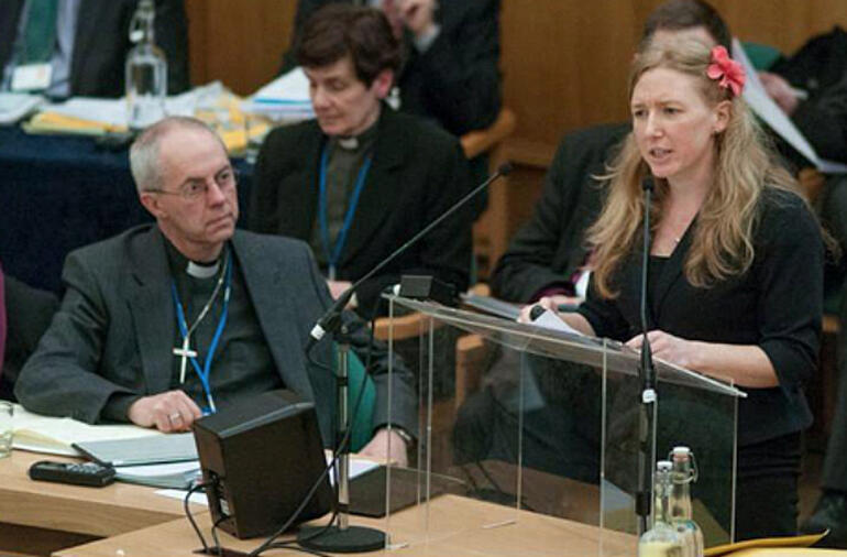 Project Director for Gender Justice Mandy Marshall speaks as Archbishop Justin Welby looks on.