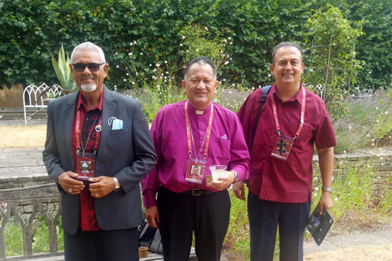 Bishop Henry Bull, Bishop Te Kitohi Pikaahu and Bishop Gabriel Sharma grab a picture at the Communion Forest launch.