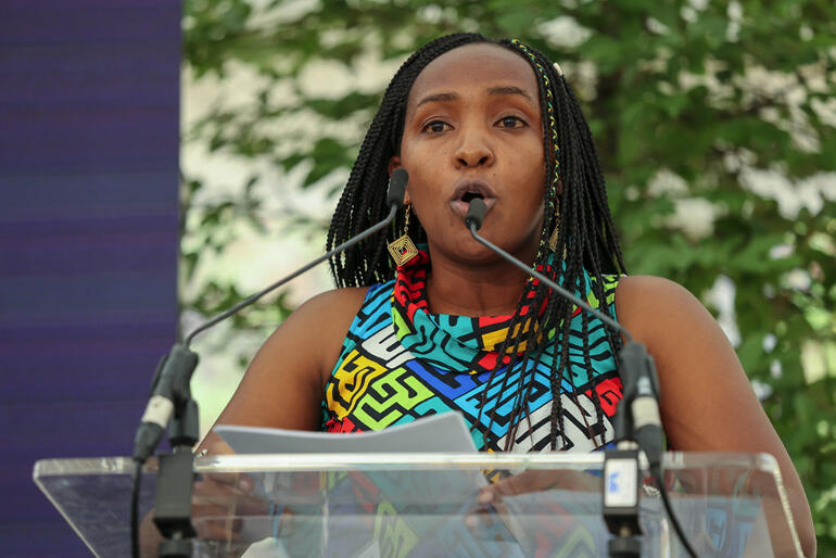 Kenyan Anglican climate activist Elizabeth Wathudi addresses the Lambeth Conference calling on the bishops to do more to help the earth. Kenyan Anglican climate activist Elizabeth Wathudi addresses the Lambeth Conference calling on the bishops to do more to help the earth.