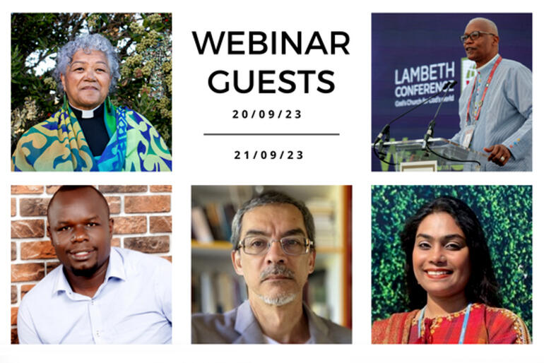 Six portraits images show faces of webinar contributors including Māori priest Rev Jacynthia Murphy in a green koru scarf.