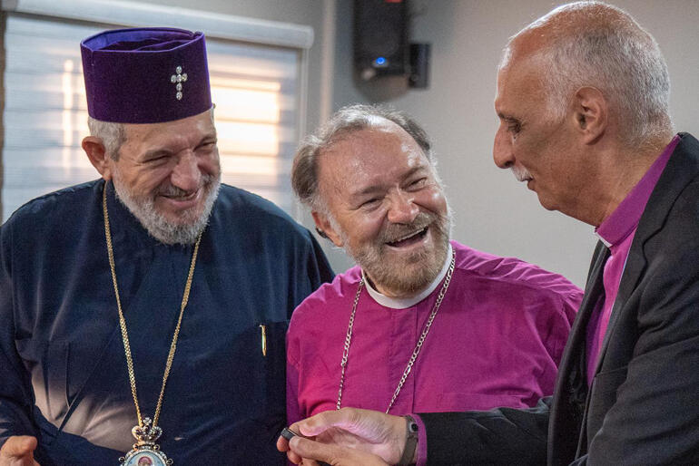 R-L: Anglicans Bishop Francisco Duque & Archbishop Samy Fawzi Shehata meet with co-signatory Metropolitan Serafim Kykotis. Photo: WCC/Hugo Muniz