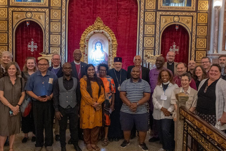 The Anglican Communion delegation (at centre) join with faith leaders to visit at an Egyptian church in Cairo. Photo: Green Anglicans