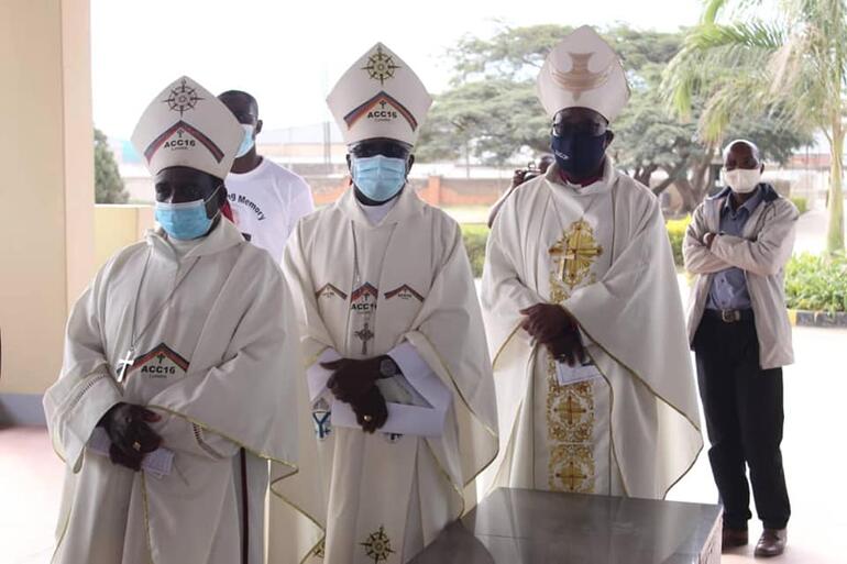 Bishop of Eastern Zambia, Rt Rev William Mchombo follows his fellow bishops into Lusaka Cathedral to farewell Bishop John Osmers.
