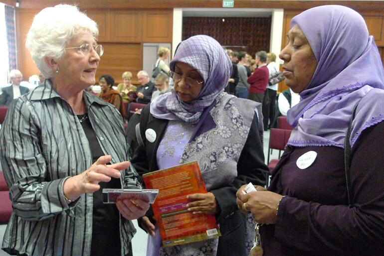 Jocelyn Armstrong (left) shares her 'Discovering Diversity' textbook with two Aucklanders at the book's launch in 2009. Jocelyn Armstrong (left) shares her 'Discovering Diversity' textbook with two Aucklanders at the book's launch in 2009.