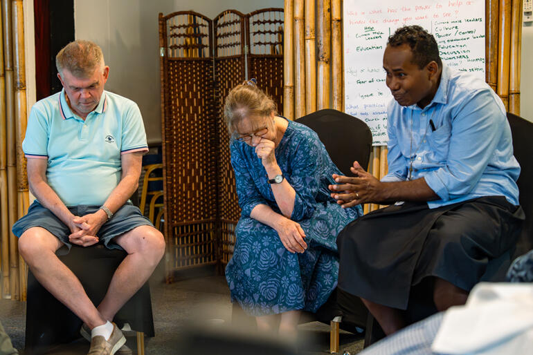 L-R: John Deane (Anglican Board of Mission Australia), & Elizabeth Perry (Anglican Alliance) Nelson Bako (Anglican Church of Melanesia). 