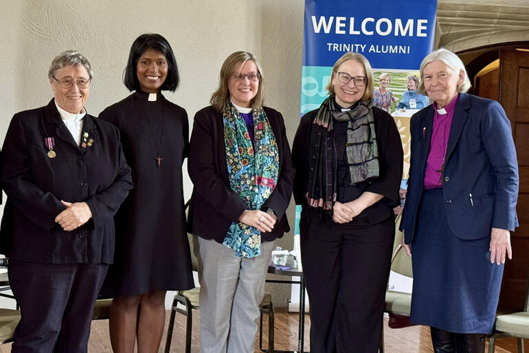 Rev Dr Alyson Barnett-Cowan, Bishop Sally Johnson French, and Bishop Victoria Matthews grab a picture with sister church leaders.