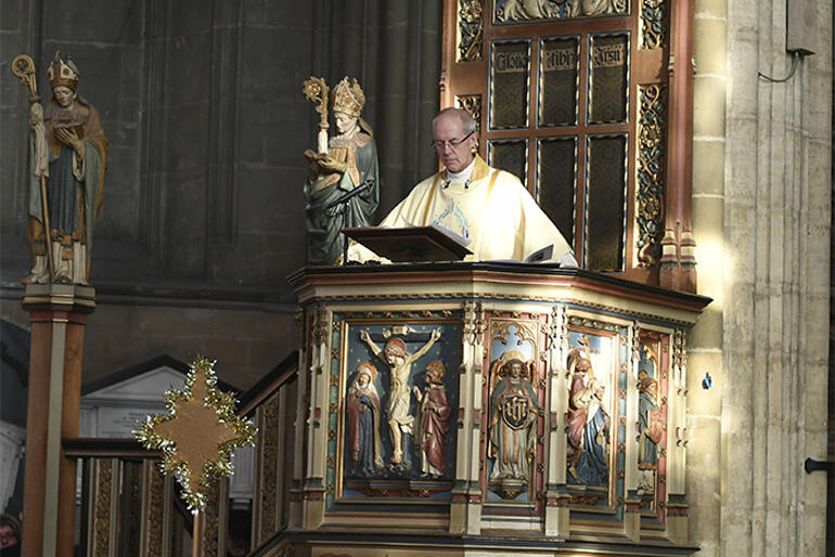Archbishop of Canterbury Justin Welby preaches during the 2018 Christmas Day Eucharist at Canterbury Cathedral, UK. Archbishop of Canterbury Justin Welby preaches during the 2018 Christmas Day Eucharist at Canterbury Cathedral, UK.