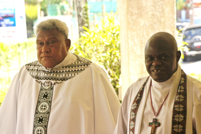 Archbishop Fereimi Cama and Archbishop of York John Sentamu enter Holy Trinity Cathedral on the first leg of Archbishop John's tour of this Province. Archbishop Fereimi Cama and Archbishop of York John Sentamu enter Holy Trinity Cathedral on the first leg of Archbishop John's tour of this Province.