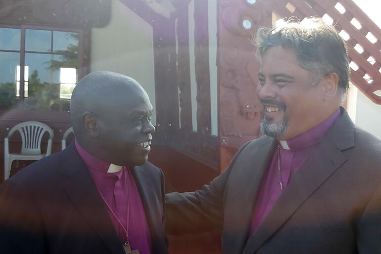 Archbishop John and Archbishop Don share a light moment during the Sentamu's visit to Gisborne hosted by the Pihopatanga o Aotearoa.