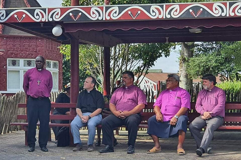 Archbishop speaks at Turangawaewae as Ven Ngira Simmonds, Abp Don Tamihere, Abp Fereimi Cama & Abp Philip Richardson look on. Archbishop speaks at Turangawaewae as Ven Ngira Simmonds, Abp Don Tamihere, Abp Fereimi Cama & Abp Philip Richardson look on.