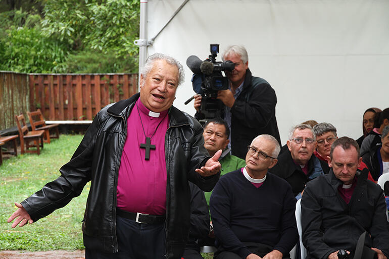 Bishop Richard Wallace, seen here during the powhiri, brought Te Wai Pounamu's greetings. Bishop Richard Wallace, seen here during the powhiri, brought Te Wai Pounamu's greetings.