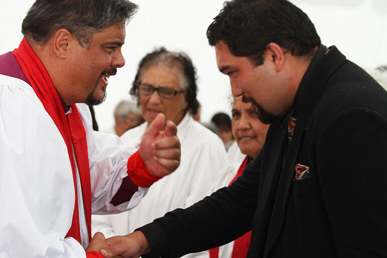Chaans Mikaere greeted his new bishop by kissing his ring - but Don suggests there is a better way... Chaans Mikaere greeted his new bishop by kissing his ring - but Don suggests there is a better way...