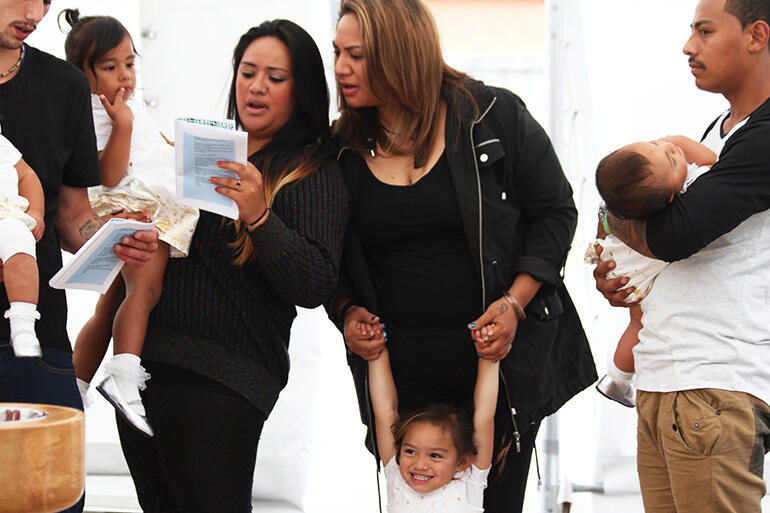 L-R: That's Khala Palaamo holding Sophia Palaamo; Vanessa Hakaraia with Summer Hakaraia - and Isino Muasika with Sina Palaamo.