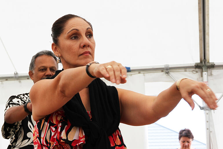 Mrs Pi'ilani Hanohano of Hawaii contributes her hula to the Saturday morning worship. Back home, she teaches hula.