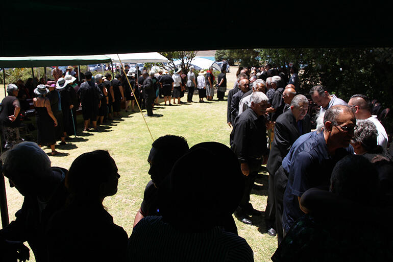 The hongi line at the end of the powhiri at Whangara.