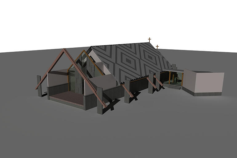 An exploded view of the Stage 2 extension of the chapel. Note the development of the mahau. An exploded view of the Stage 2 extension of the chapel. Note the development of the mahau.