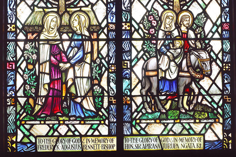 Sir Apirana Ngata is commemorated in one of the stained glass windows. He drove the building of the chapel. Sir Apirana Ngata is commemorated in one of the stained glass windows. He drove the building of the chapel.
