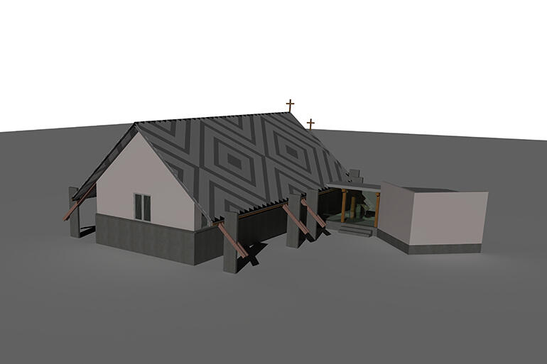 Stage 1 of the chapel intended for the Eskdale site. Note the vestry with its glazed linkway. Stage 1 of the chapel intended for the Eskdale site. Note the vestry with its glazed linkway.