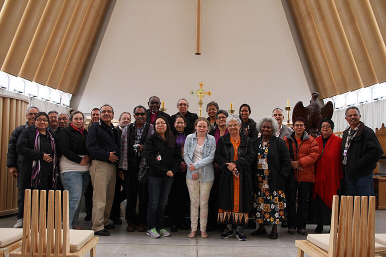 Some of the conference gang gather for a photo during a visit to Christchurch's new 'Cardboard Cathedral'.