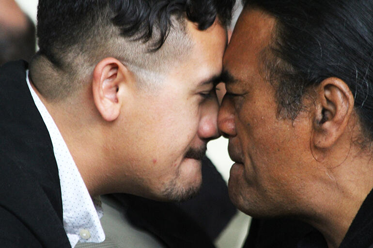 Te Ariki Tamararo (left), Kingi Tuheitia’s son and heir apparent, greets Dawson Peta. Te Ariki Tamararo (left), Kingi Tuheitia’s son and heir apparent, greets Dawson Peta.