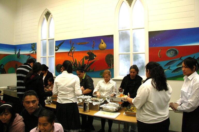 The refurbished kitchen, with its new art by Theresa Reihana. The refurbished kitchen, with its new art by Theresa Reihana.