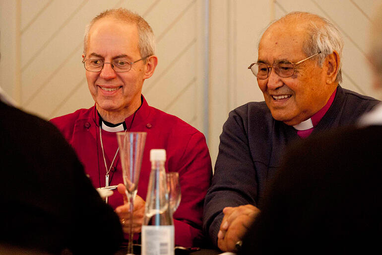 Archbishops Justin Welby and Brown Turei, who is Te Pihopa o Aotearoa, or Bishop of the Maori Anglican Church in Aotearoa New Zealand.
