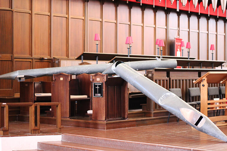 Two of the larger pipes fell into the choir stalls. Two of the larger pipes fell into the choir stalls.