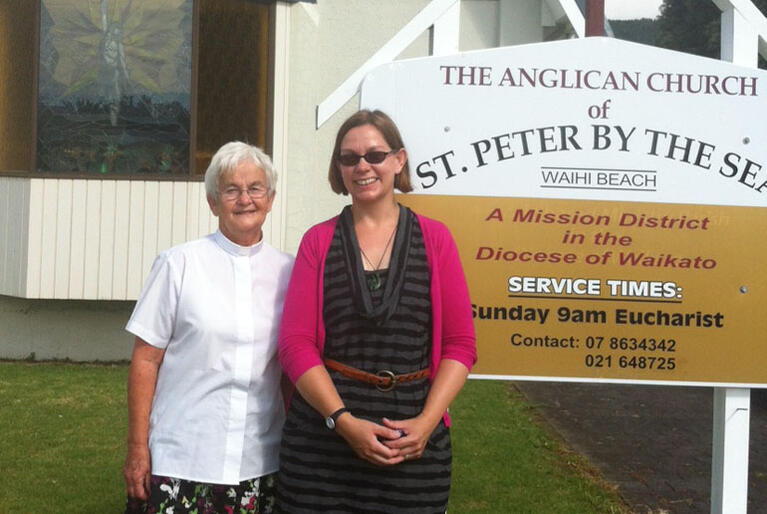 Bishop-elect Helen-Ann Hartley catches up with the Rev Florence Chambers at Waihi.