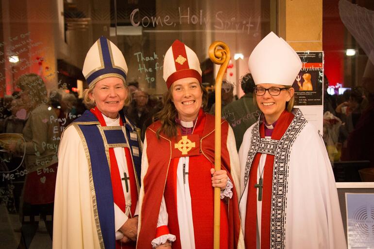 Come Holy Spirit! L-R: Bishop Victoria Matthews  Bishop Eleanor Sanderson and Bishop Helen-Ann Hartley. Photo: Jonathan Cutts