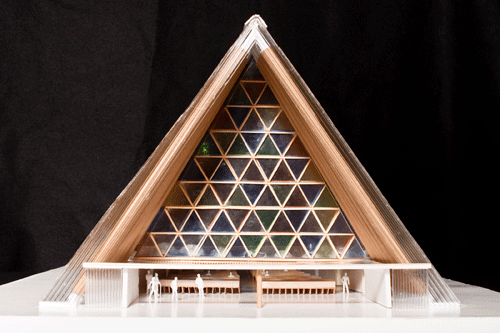 A model showing the entrance to cardboard cathedral proposed for Christchurch. A model showing the entrance to cardboard cathedral proposed for Christchurch.