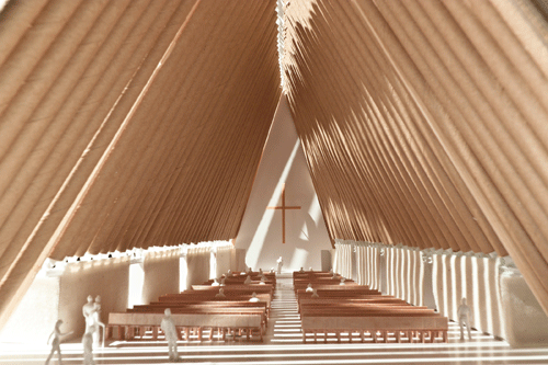 Interior of the cardboard cathedral proposed for Christchurch. Interior of the cardboard cathedral proposed for Christchurch.
