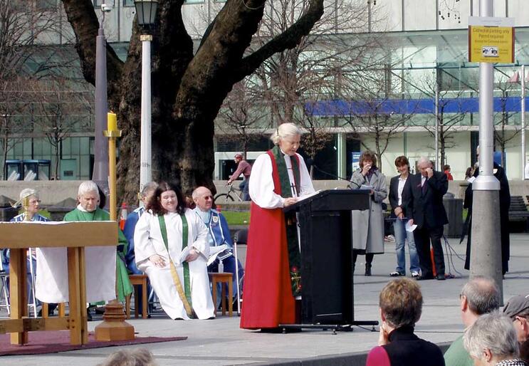Bishop Victoria Matthews delivers her pastoral letter during the open-air service in Cathedral Square on Sunday morning. Bishop Victoria Matthews delivers her pastoral letter during the open-air service in Cathedral Square on Sunday morning.