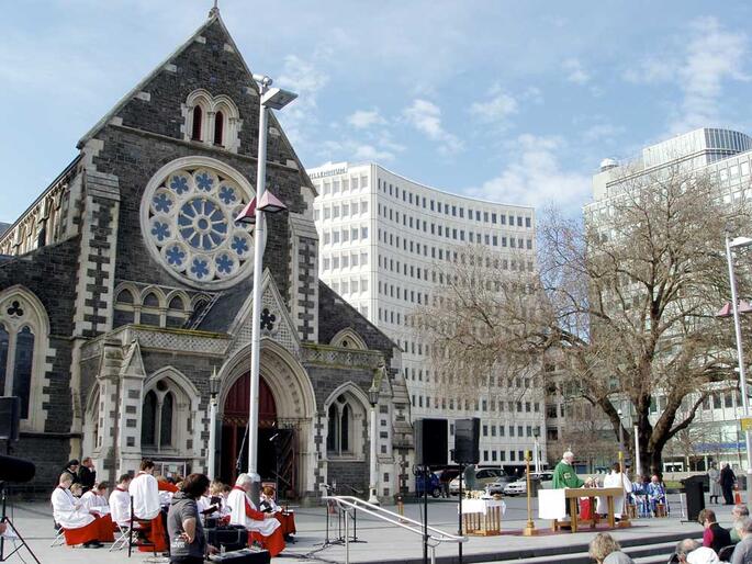 Open-air service in Cathedral Square on Sunday morning. Around 500 people turned up.