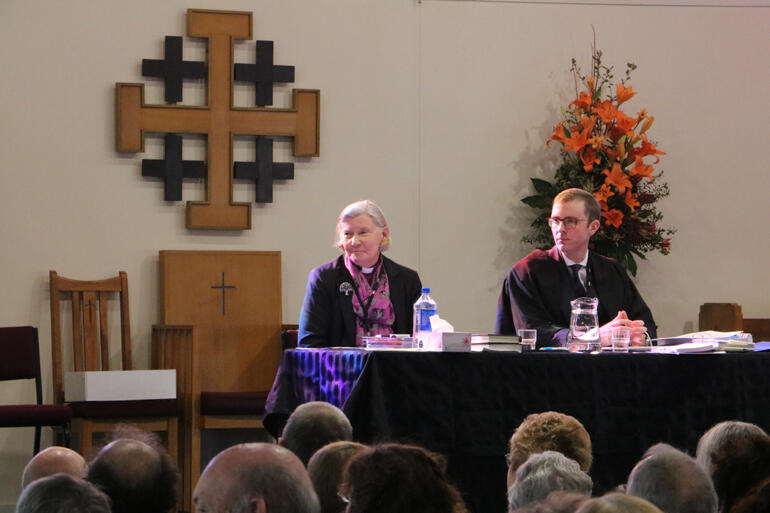 Bishop of Christchurch Victoria Matthews and Diocesan Chancellor Jeremy Johnson listen as synod debates cathedral options. Bishop of Christchurch Victoria Matthews and Diocesan Chancellor Jeremy Johnson listen as synod debates cathedral options.