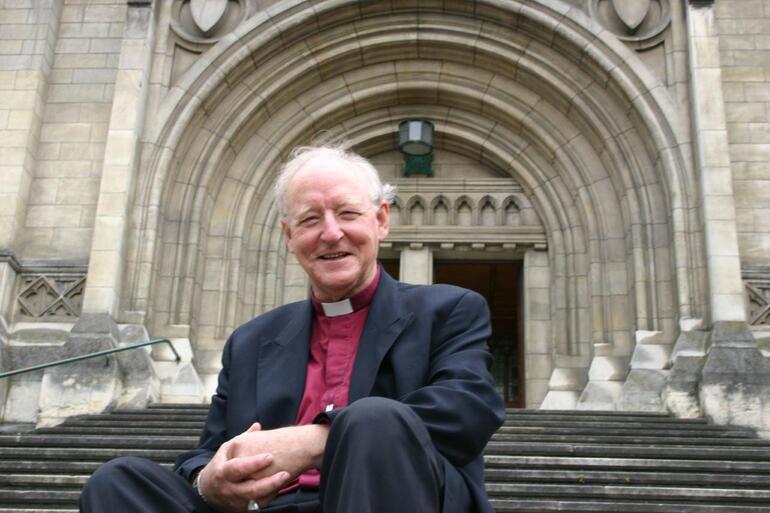 Bishop George Connor on the steps of St Paul's Cathedral in Dunedin.
