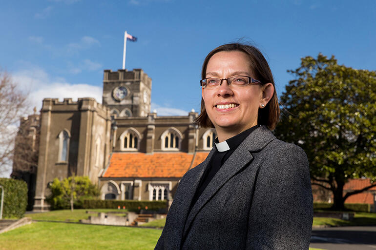 The next Bishop of Waikato outside St Peter's Cathedral in Hamilton.