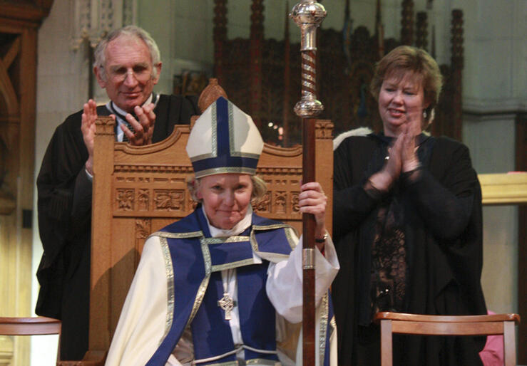 Bishop Victoria is flanked by Chancellor Richard Cottrell and Registrar Alison Jephson.