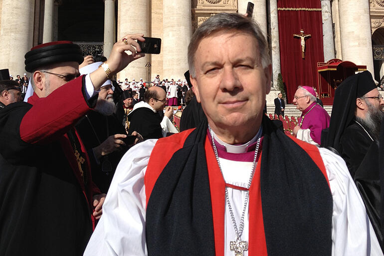 Our new knight: Archbishop Sir David Moxon in St Peter's Square in Rome. Our new knight: Archbishop Sir David Moxon in St Peter's Square in Rome.